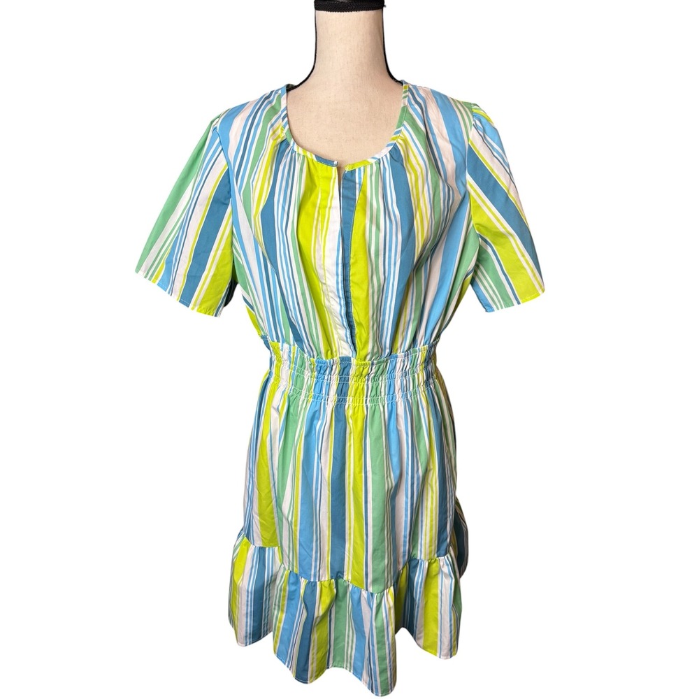 Lark + Grey Blue Lime Striped Smocked Waist Ruffle Mini Dress XL Somerset